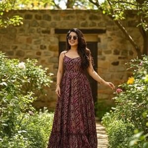 Women's Ethnic Rayon Anarkali Maxi Dress | Sleeveless Floral Printed Long Gown with Flared Hem | Festive & Casual Wear Maxi Gown for Women & Girls