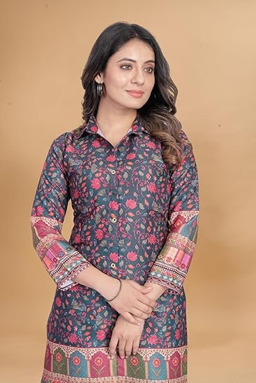 Women's Printed Rayon Fabrics Collered Neck 3/4 Sleeve Casual Wear Lightweight Relaxed Fit Co-Ords Set