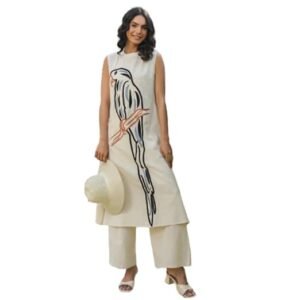 Women's Cream Color Khadi Cotton Sleeveless Maxi Dress with Bird Embrodery Work Designer, Kurta Palazzo Set, Casual Summer Wear