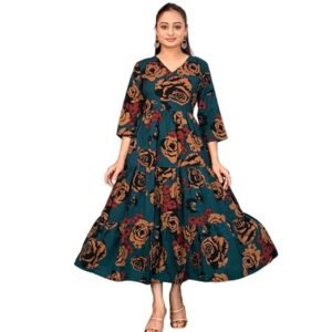 Women’s Floral Printed Anarkali Maxi Dress – Rayon Long Flared Gown with 3/4th Sleeves for Party, Casual Wear