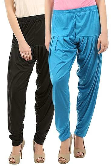 Womens Salwar Cotton Dhoti Patiyala Harem Viscose Bottoms Pants Black Turquoise Pack of 2 Combo Medium
