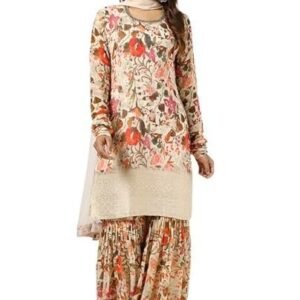Womens Chinon Floral Print Suit Set With Mirror And Cutdana