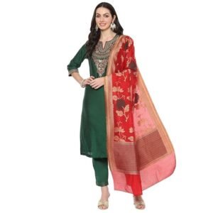 Women Poly Viscose Straight Embroidery Kurta Slim Pants Suit Set